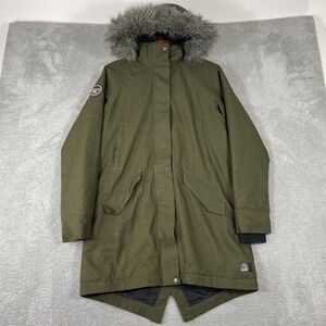 Roots 73 Parka Jacket Womens Medium Green Faux Fur Hood Quilted Lining